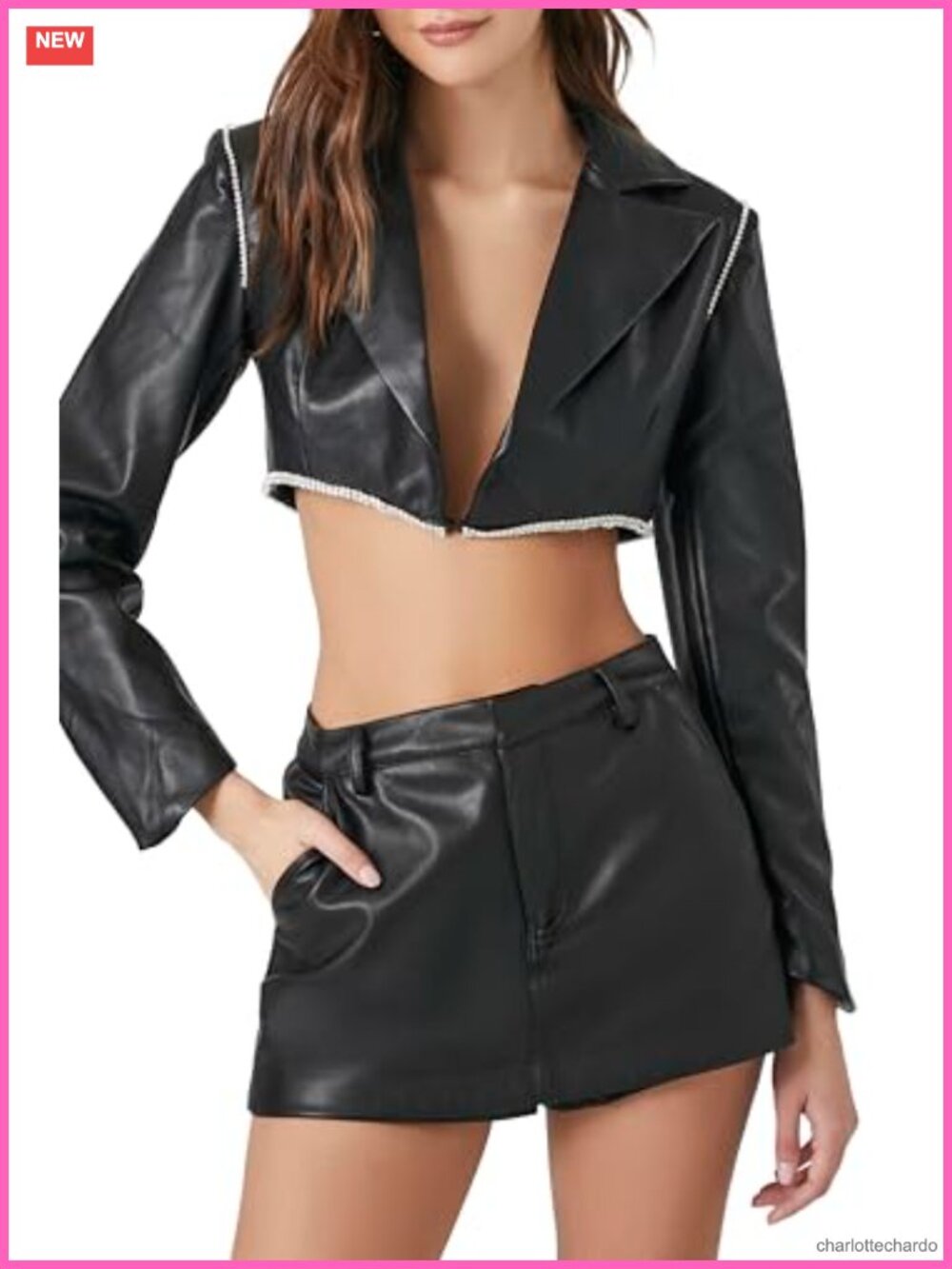 Cropped Faux Leather Jacket Notched Lapel Rhinestone Trim